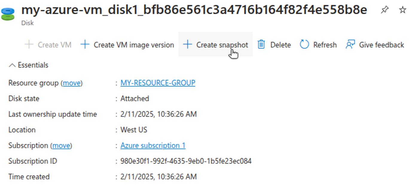Azure Portal showing the Create Snapshot button on the disk details page.