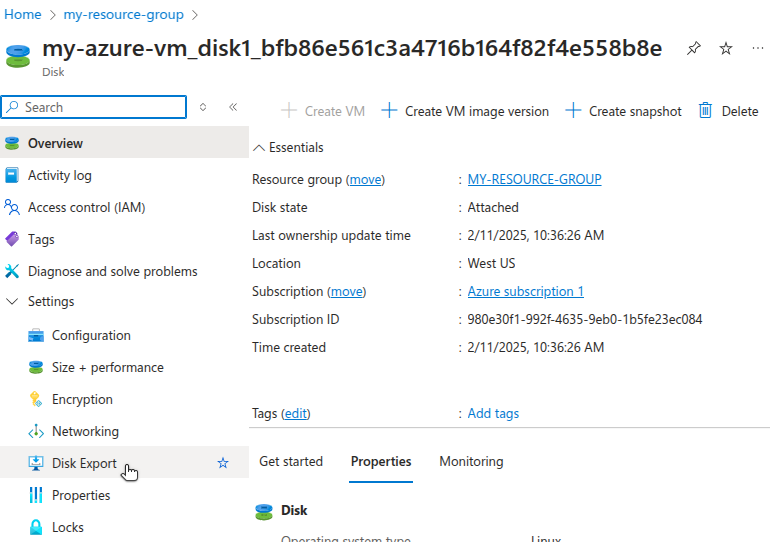 Azure Portal showing the Disk Export option for a VM disk.