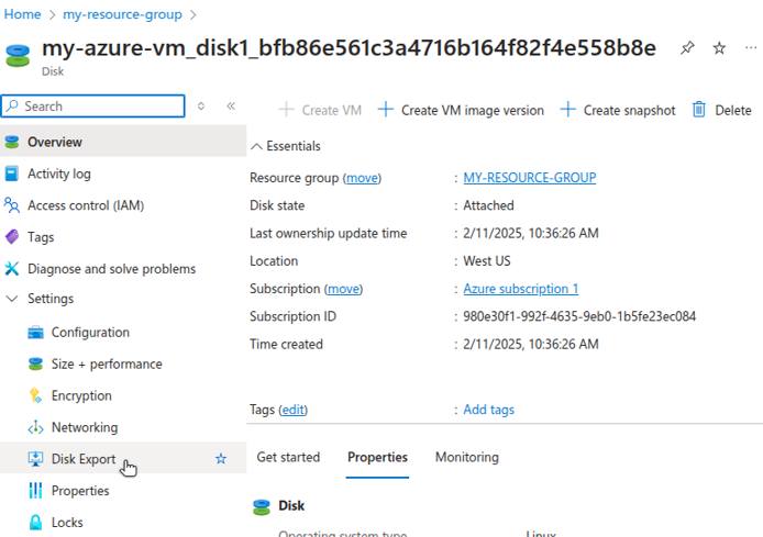 Azure Portal showing the Disk Export option for a VM disk.