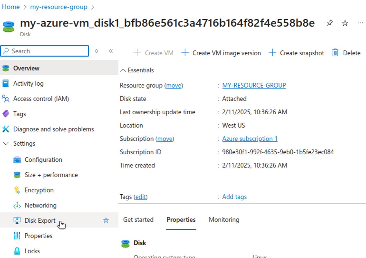 Azure Portal showing the Disk Export option for a VM disk.