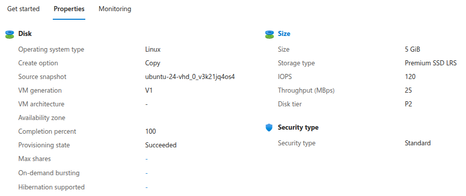 Azure disk details page showing disk size and storage type.