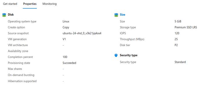 Azure disk details page showing disk size and storage type.