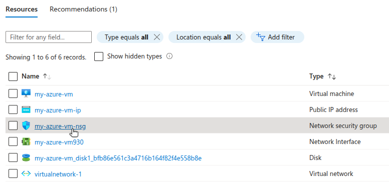 Azure Resource Group with a Network Security Group resource selected.