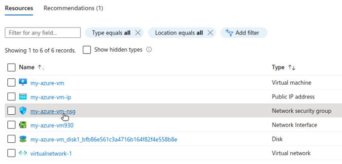 Azure Resource Group with a Network Security Group resource selected.