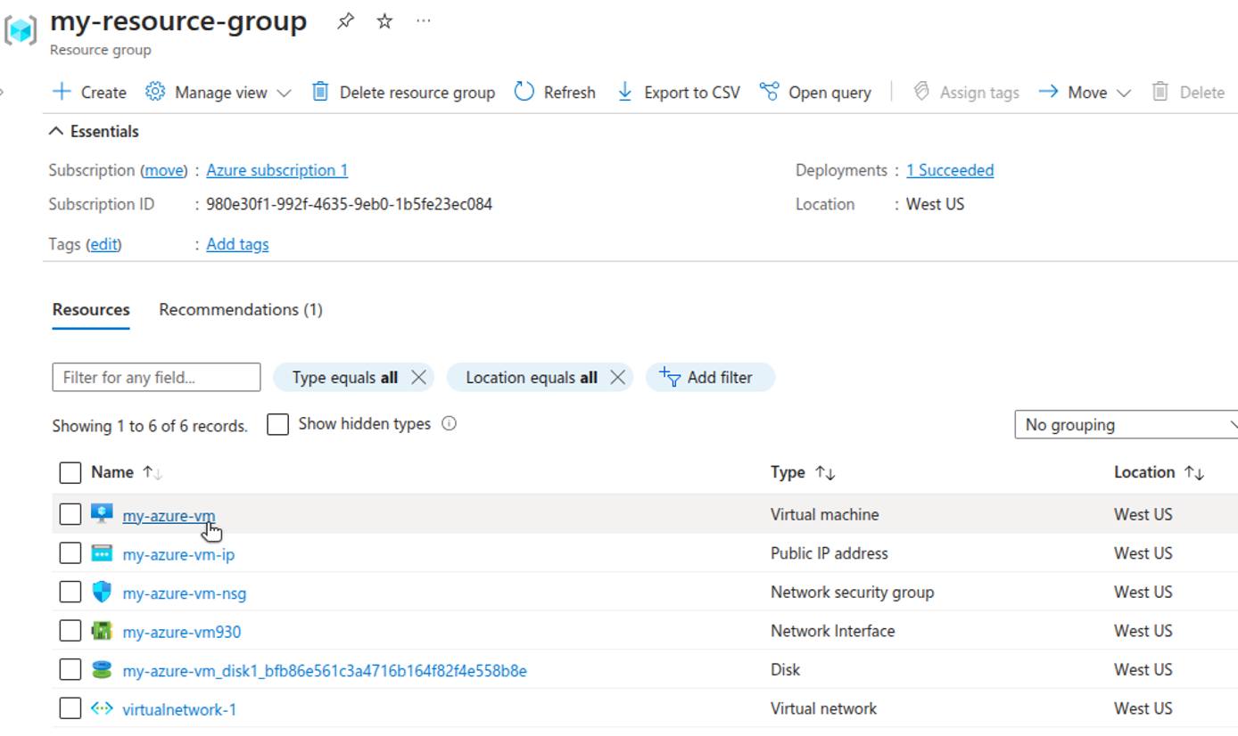 Azure Resource Group with a VM listed among its resources.