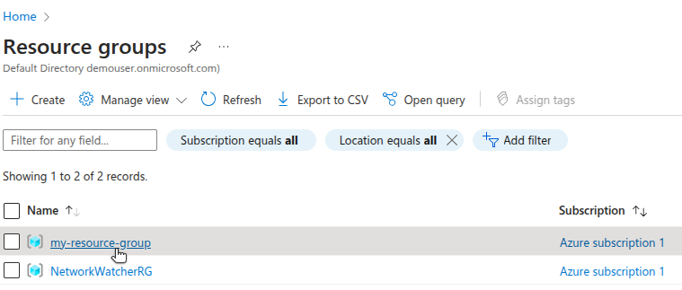 Azure Portal showing a list of Resource Groups.