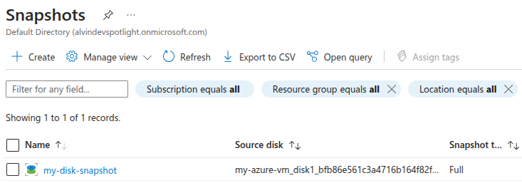 Azure Snapshots page showing a list of available disk snapshots.