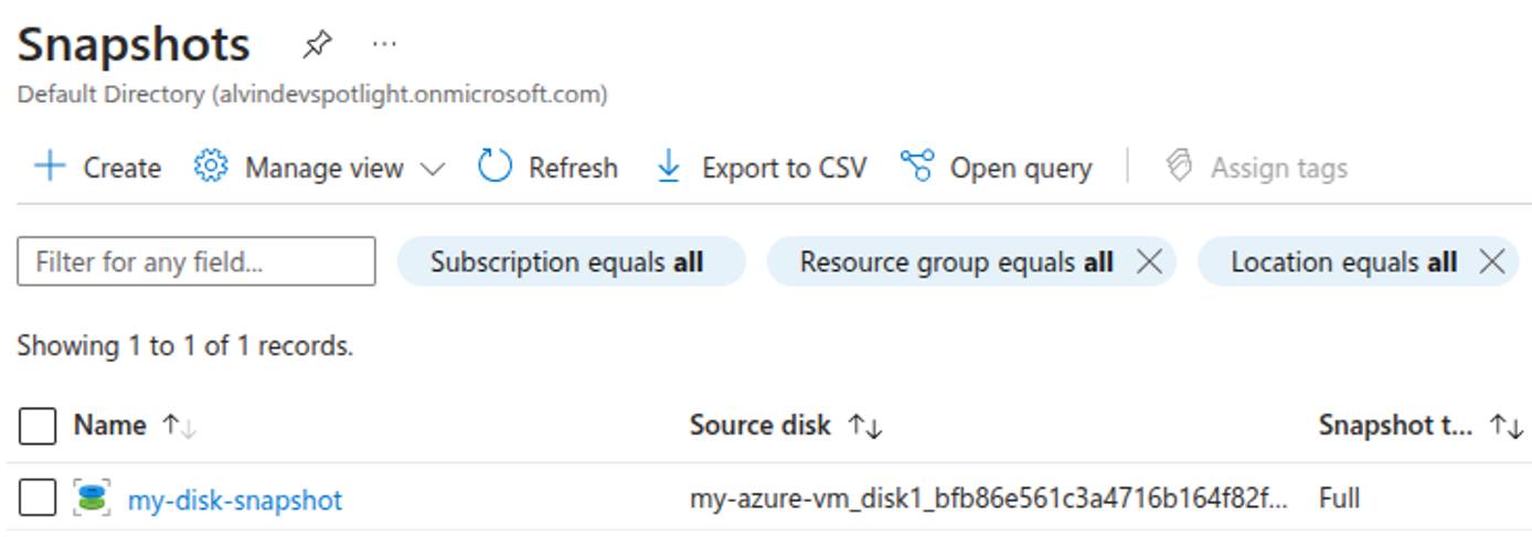 Azure Snapshots page showing a list of available disk snapshots.