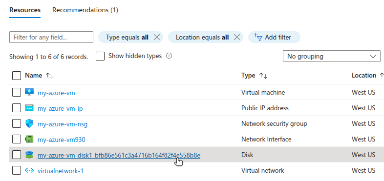 Azure Resource Group with a managed disk selected.