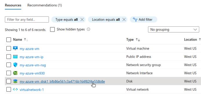 Azure Resource Group with a managed disk selected.
