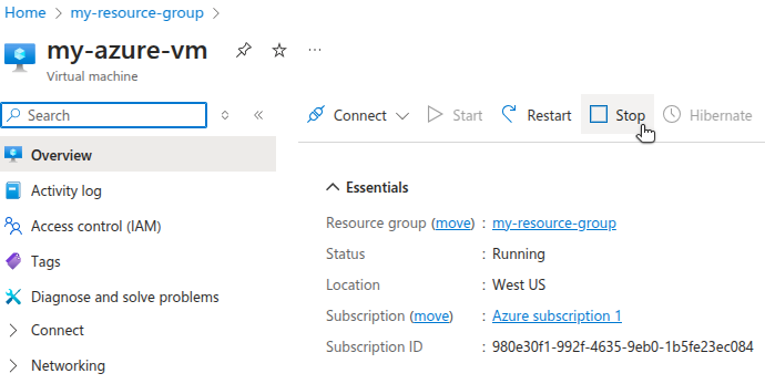 Azure Portal showing the Stop button for a VM.