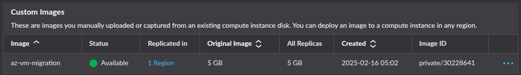Akamai Cloud Manager showing a private image labeled azure-vm-migration with status available.