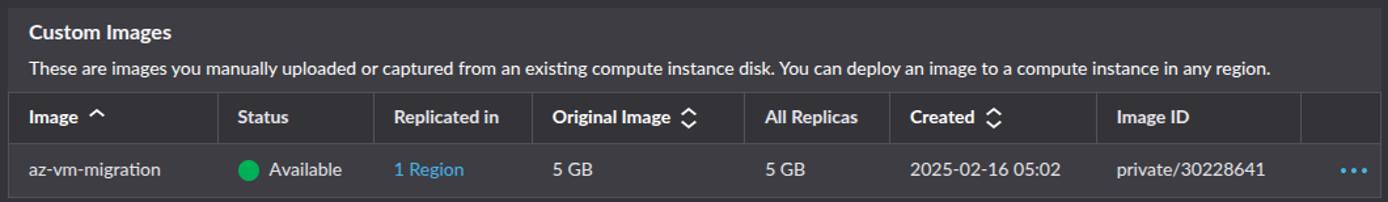Akamai Cloud Manager showing a private image labeled azure-vm-migration with status available. Akamai Cloud Manager showing a private image labeled azure-vm-migration with status available.
