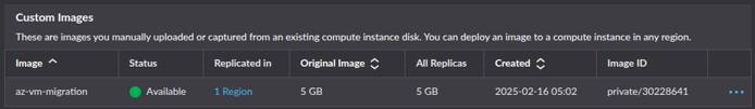 Akamai Cloud Manager showing a private image labeled azure-vm-migration with status available. Akamai Cloud Manager showing a private image labeled azure-vm-migration with status available.