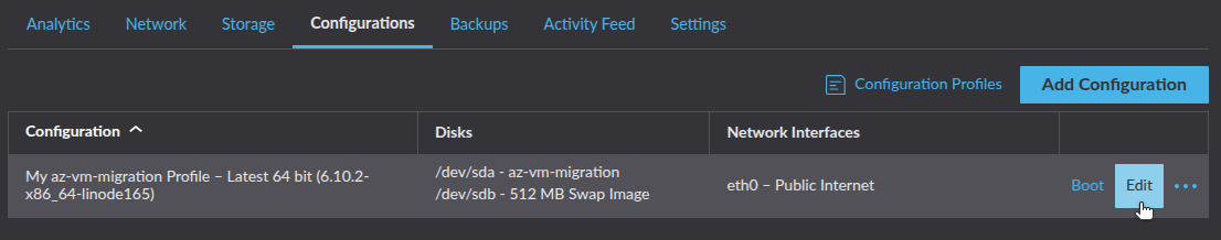 Linode dashboard with the Configurations tab selected.