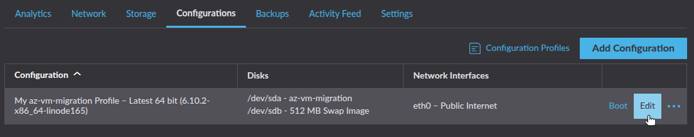 Linode dashboard with the Configurations tab selected.