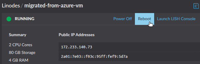 Linode interface showing the Reboot button after saving configuration changes.