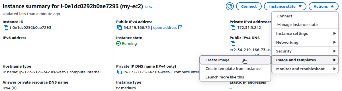 AWS EC2 console showing the Create image option in the Instance state menu.