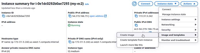 AWS EC2 console showing the Create image option in the Instance state menu.