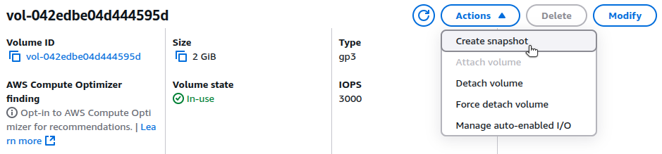 AWS EBS volume actions menu with Create Snapshot highlighted.