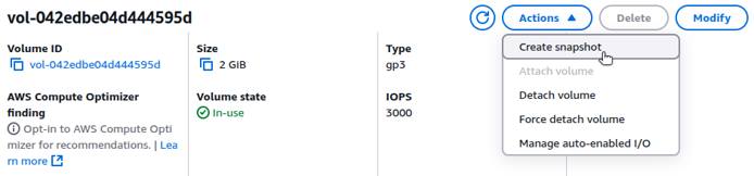 AWS EBS volume actions menu with Create Snapshot highlighted.
