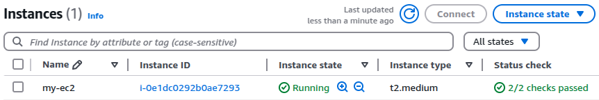 EC2 instance details showing instance ID and instance type.