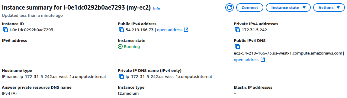 AWS EC2 instance summary showing public and private IP addresses.