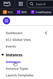 AWS EC2 Instances page showing a list of virtual machines.