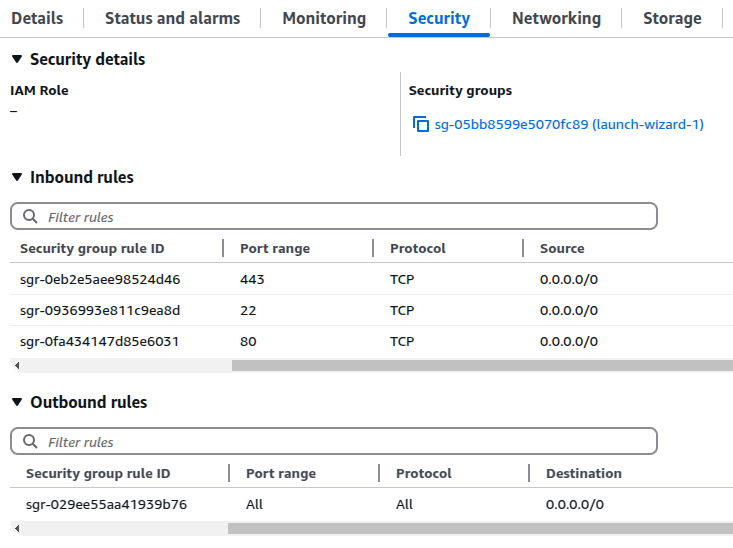 AWS EC2 Security tab showing associated security groups and firewall rules.