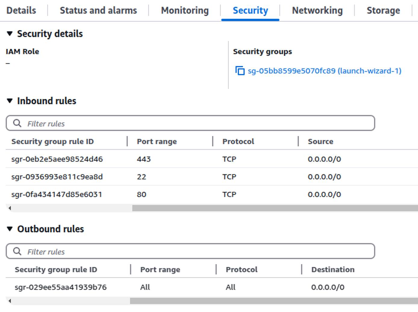 AWS EC2 Security tab showing associated security groups and firewall rules.