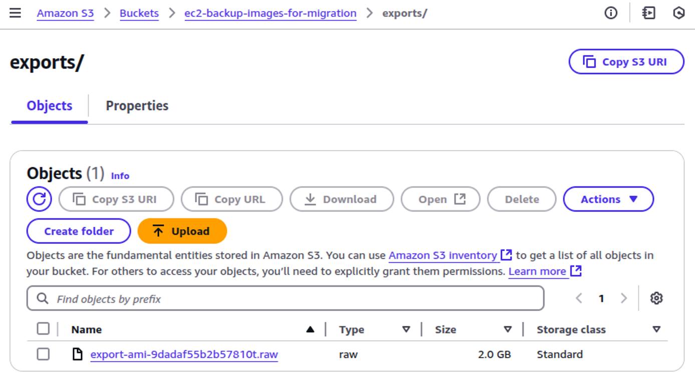 AWS EC2 Export Tasks page showing an AMI export task in progress with status active. AWS EC2 Export Tasks page showing an AMI export task in progress with status active.