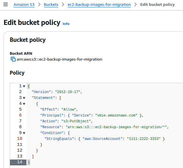 AWS S3 bucket policy editor showing a policy granting vmie.amazonaws.com permission to write to the bucket.