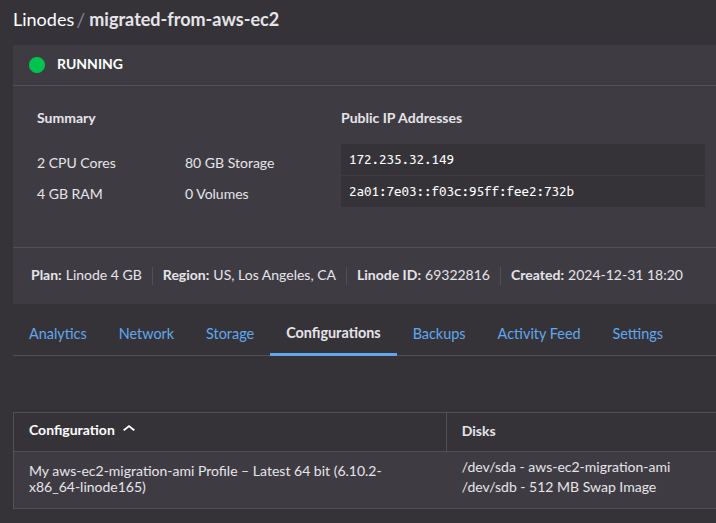 Akamai Cloud Manager showing a new Compute Instance being created from a custom image.