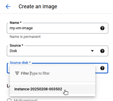 Google Cloud Console create image form with name and source disk fields highlighted.