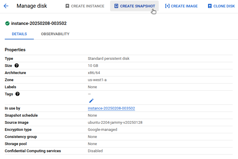 Snapshot creation interface for a selected GCP Compute Engine disk.