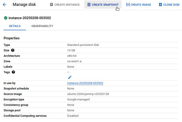 Snapshot creation interface for a selected GCP Compute Engine disk.
