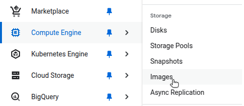 Google Cloud Console showing the Compute Engine Images page with the Create Image button highlighted.