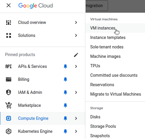GCP Console showing the VM instances page in Compute Engine.