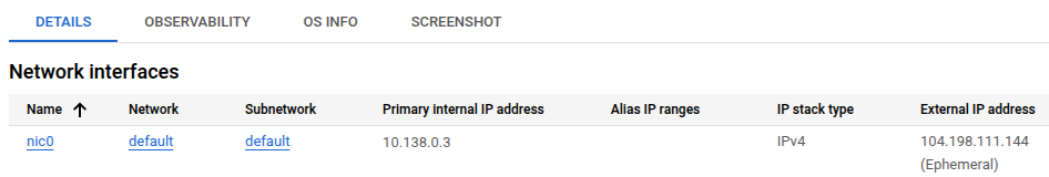 GCP VM details page showing internal and external IP addresses.
