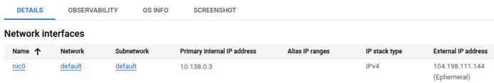 GCP VM details page showing internal and external IP addresses.