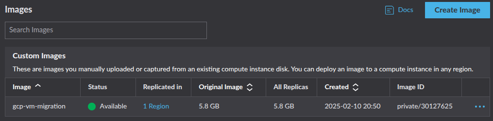 Akamai Cloud Manager showing a private image labeled gcp-vm-migration with status available.