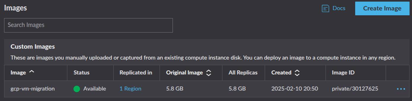 Akamai Cloud Manager showing a private image labeled gcp-vm-migration with status available. Akamai Cloud Manager showing a private image labeled gcp-vm-migration with status available.