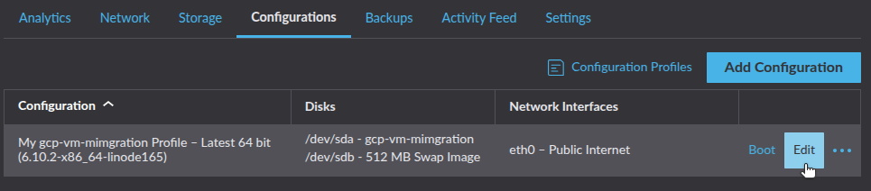 Linode dashboard with the Configurations tab selected.