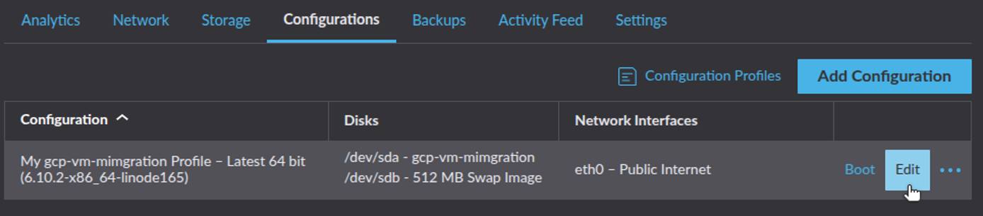 Linode dashboard with the Configurations tab selected.