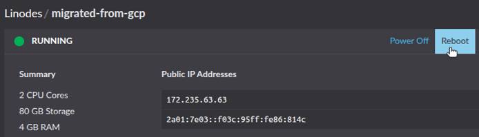 Linode interface showing the Reboot button after saving configuration changes.
