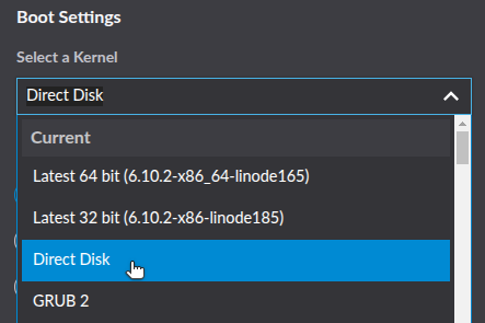 Linode configuration editor showing Direct Disk selected under Boot Settings.